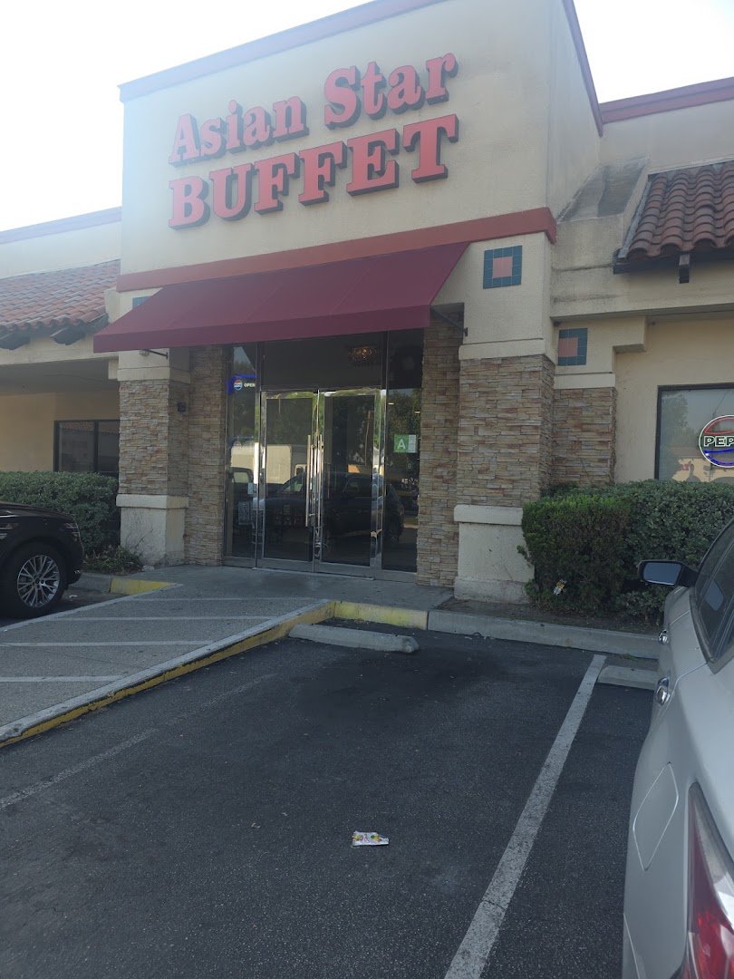 Asian buffet entrance with bright signage