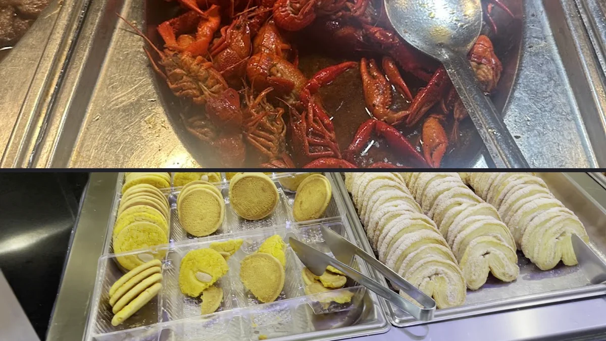 Buffet trays with sushi and hot dishes