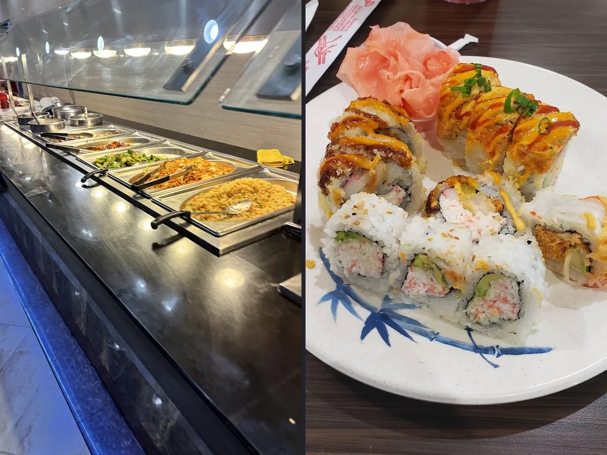 Buffet trays with sushi and hot dishes